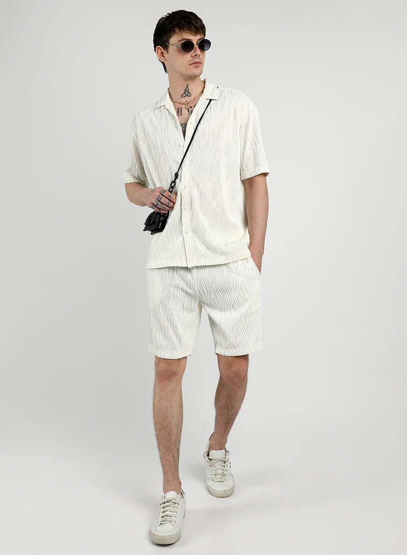 CAHOOT  Men's Ivory White Self-Design Wave Co-Ord Set For Casual Wear | Cuban Collar | Short Sleeve | Button Closure | Co-Ords Crafted With Comfort Fit For Everyday Wear for Men | Best Price UAE